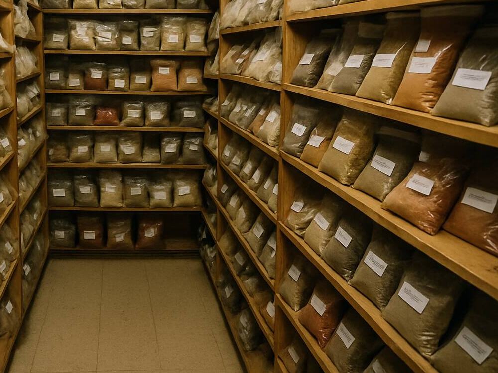 Shelves stacked with labelled bags of spices and dry goods
